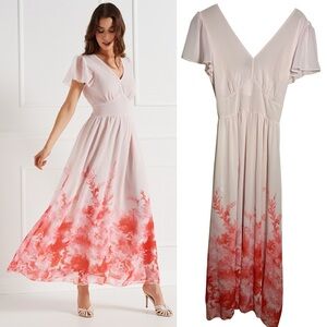 Rinascimiento NWT Georgete Made in Italy Blush Maxi Dress Coral Floral Ombre Hem